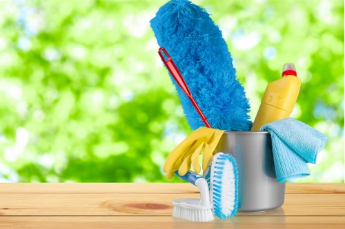 Cleaner following health and safety procedures at work
